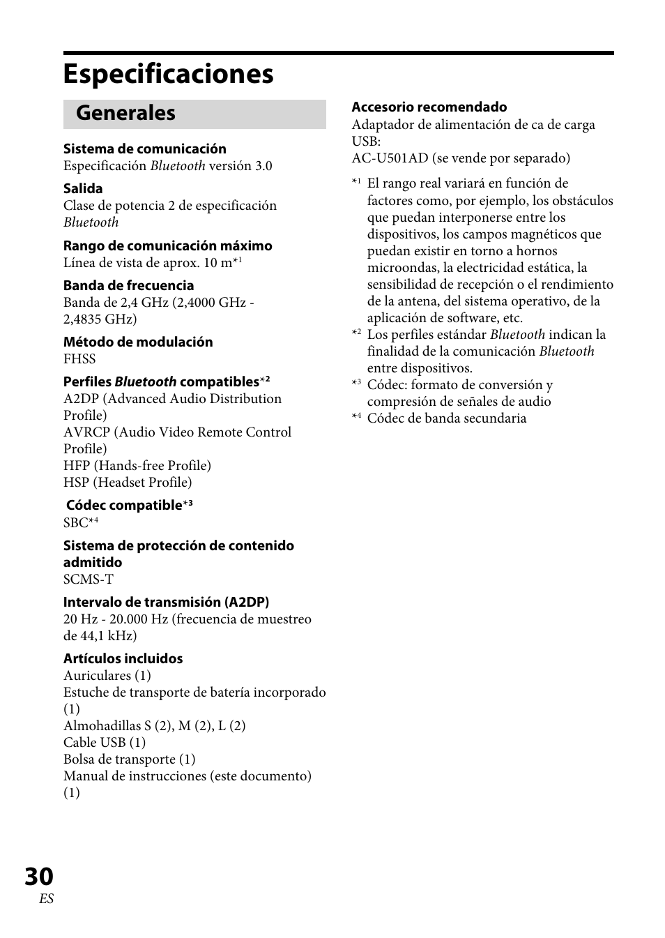 Especificaciones, Generales, Especificaciones .................... 0 | Sony XBA-BT75 User Manual | Page 62 / 64