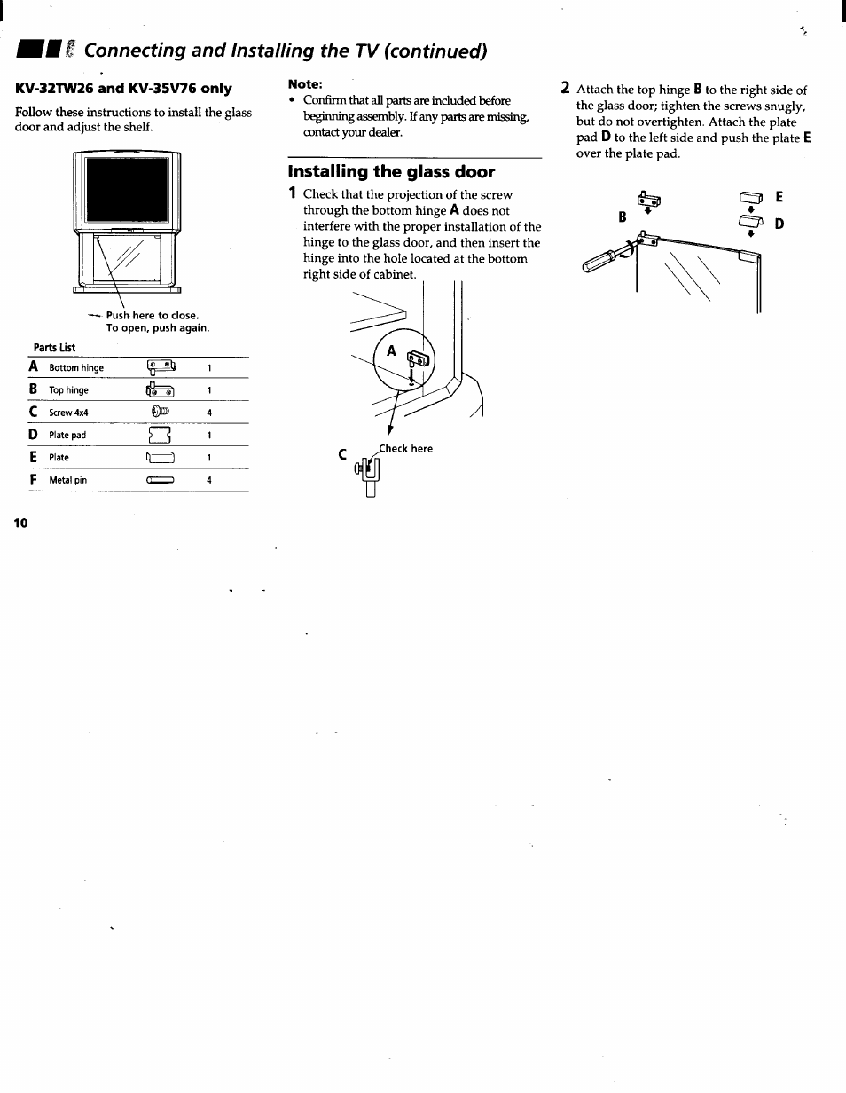 Kv-32tw26 and kv-35v76 only, Installing the glass door, Instauing the glass door | Vm i, Connecting and installing the tv (continued) | Sony KV-32V26 User Manual | Page 14 / 36