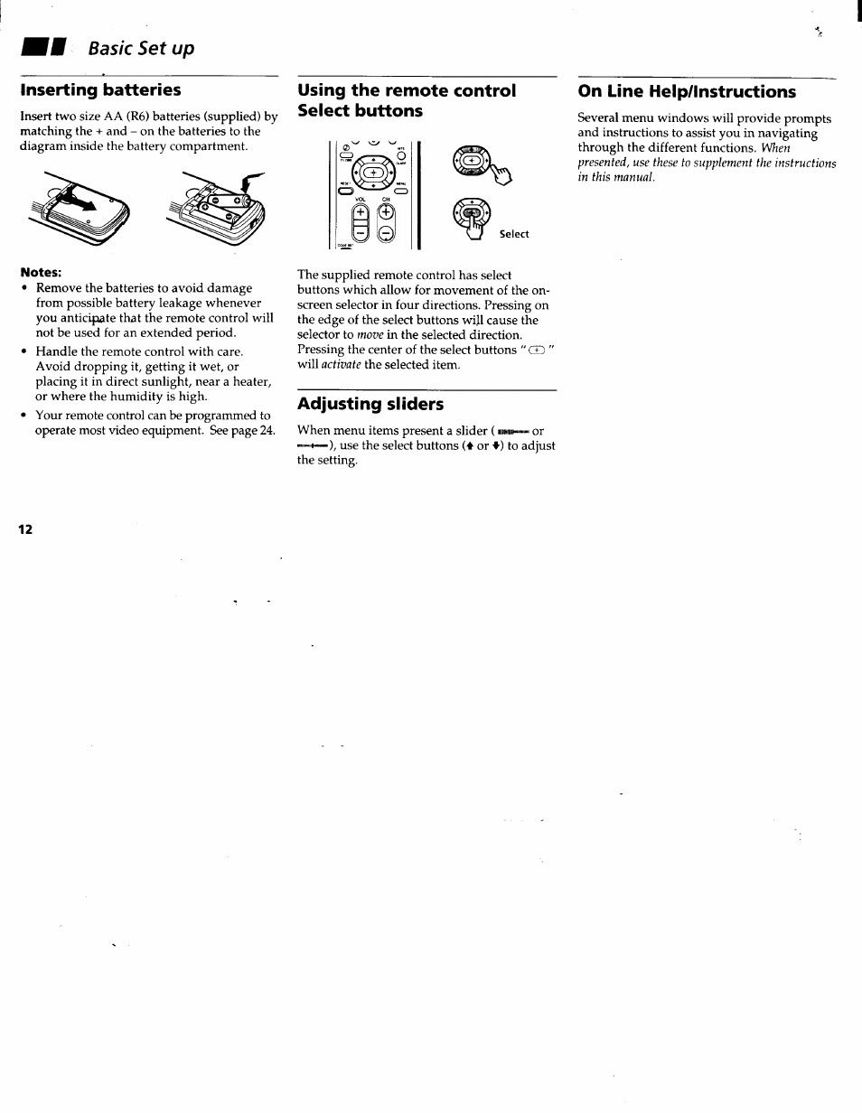 W basic set up, Inserting batteries, Using the remote control select buttons | On line help/lnstructions, Adjusting sliders, W basic set up inserting batteries | Sony KV-32V26 User Manual | Page 16 / 36