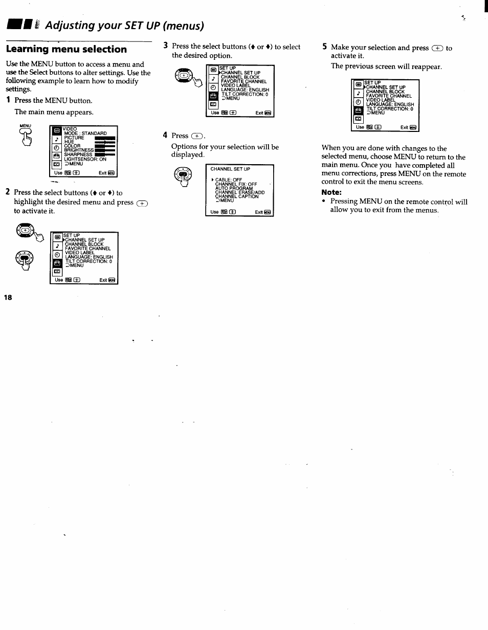 Learning menu selection, Note, Fm i | Sony KV-32V26 User Manual | Page 22 / 36