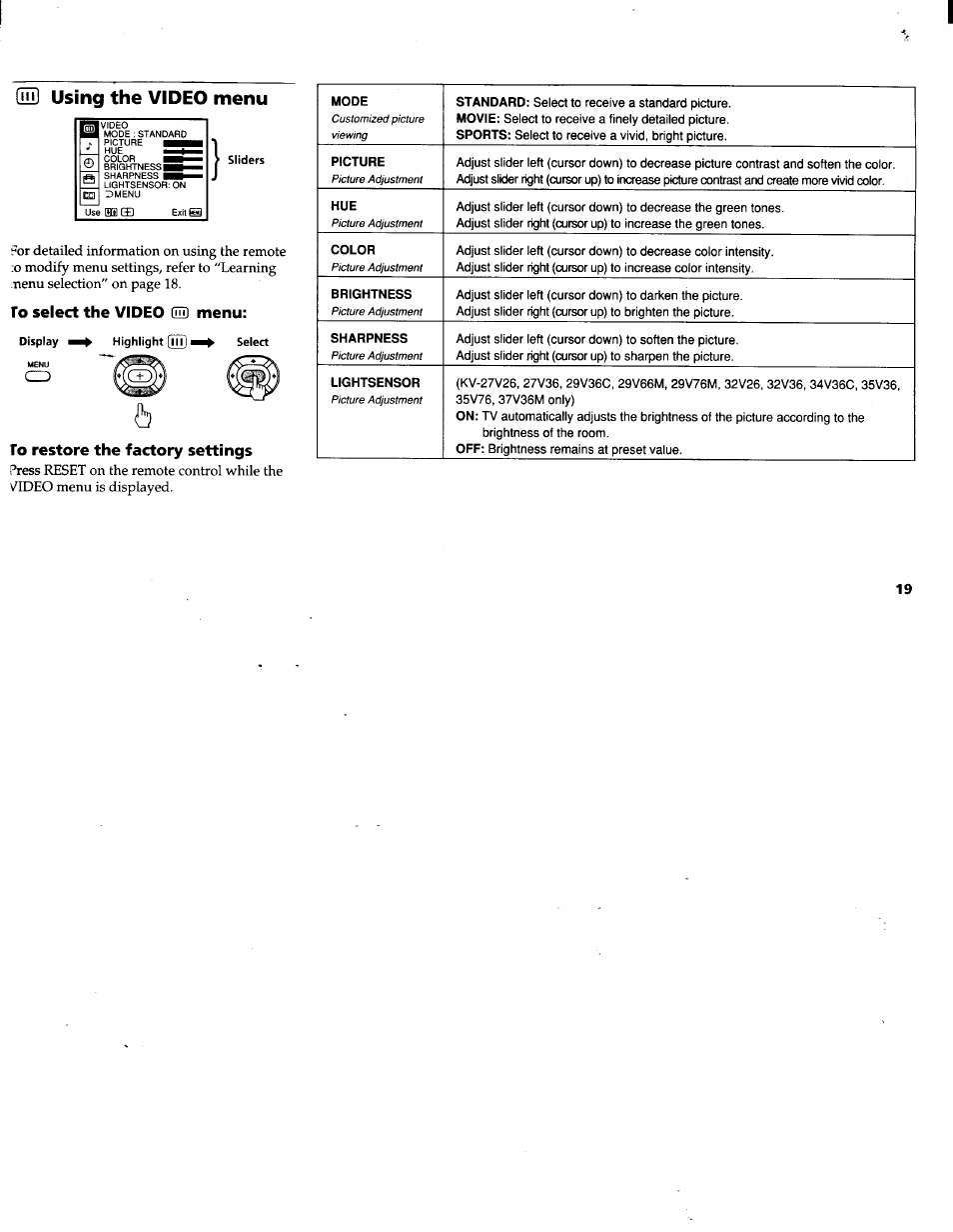 To select the video cull menu, To restore the factory settings, Щ] using the video menu | Sony KV-32V26 User Manual | Page 23 / 36