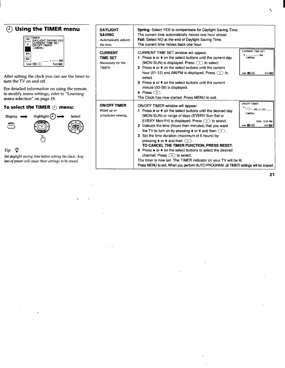 0 using the timer menu, To select the timer 0 menu, Using the audio menu | Using the timer menu, Menu | Sony KV-32V26 User Manual | Page 25 / 36