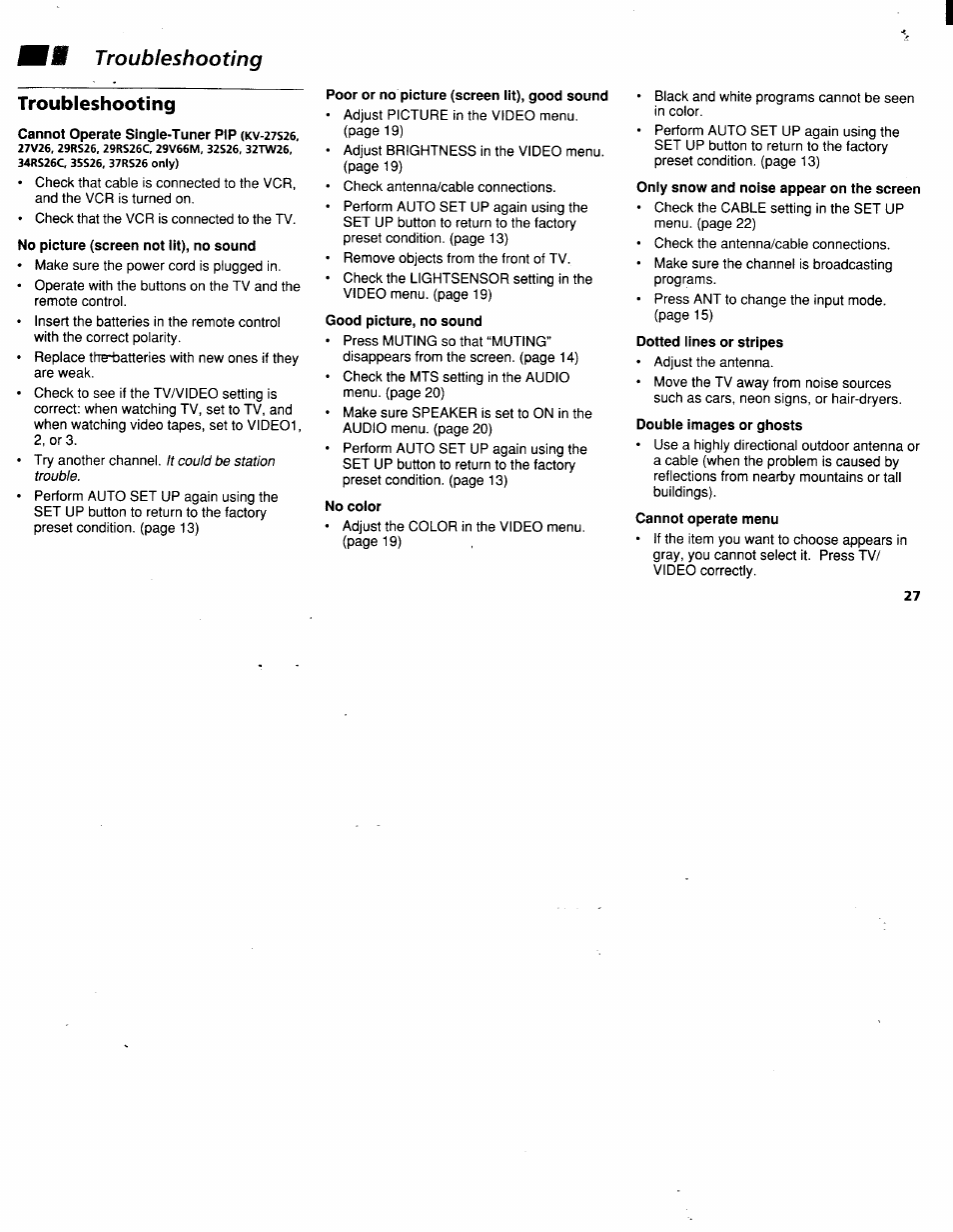 Troubleshooting | Sony KV-32V26 User Manual | Page 31 / 36