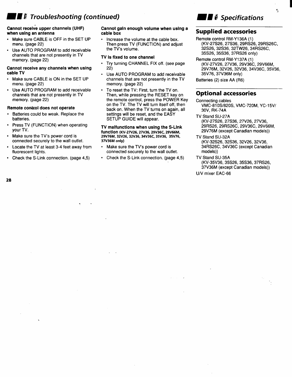 Specifications, Supplied accessories, Optional accessories | Fm i, Troubleshooting (continued), Specifications supplied accessories | Sony KV-32V26 User Manual | Page 32 / 36