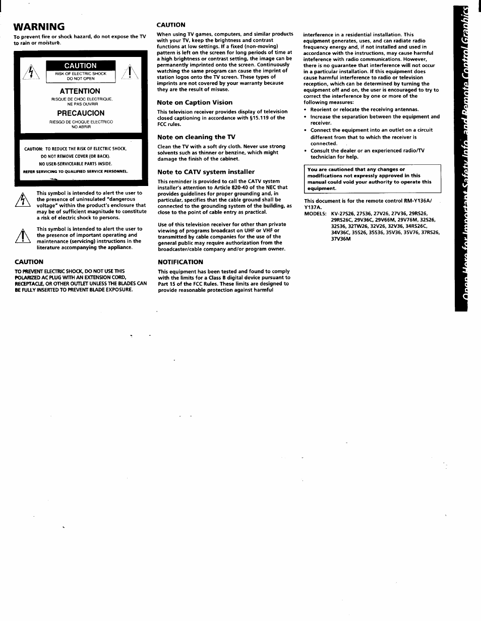 Warning | Sony KV-32V26 User Manual | Page 4 / 36