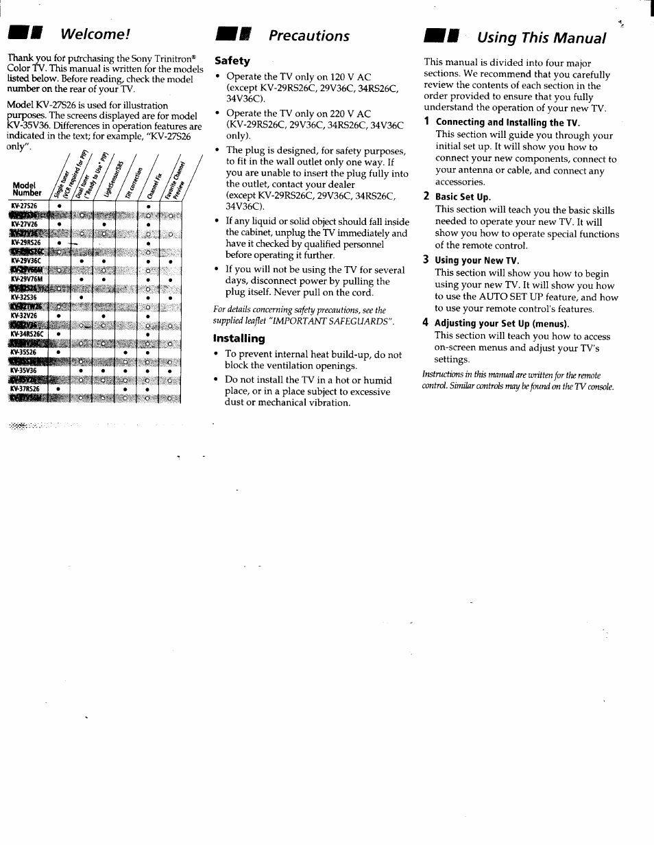 Safety, Installing, 1 connecting and installing the tv | 2 basic set up, 3 using your new tv, 4 adjusting your set up (menus), Lê welcome! lê precautions w using this manual | Sony KV-32V26 User Manual | Page 5 / 36