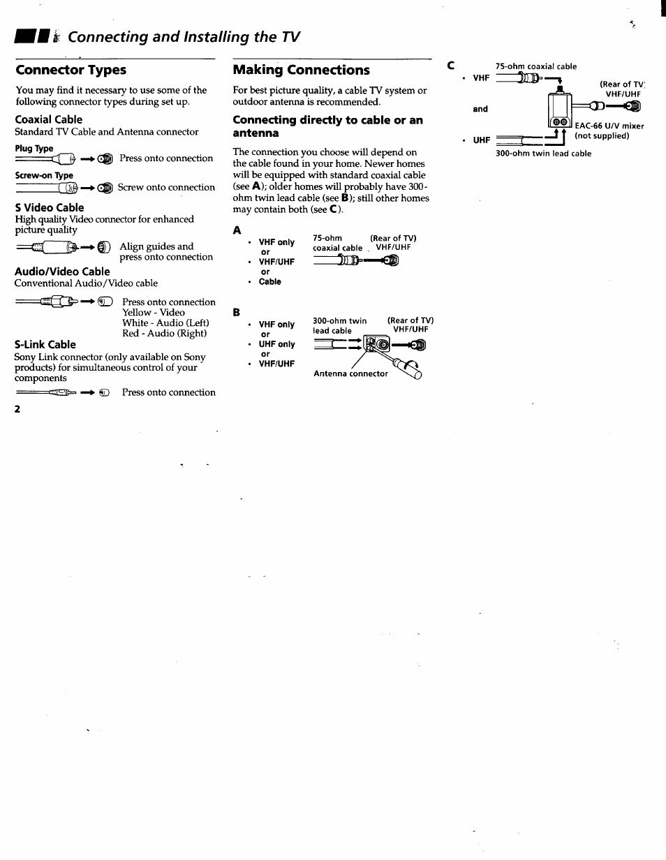 Wk connecting and installing the tv, Connector types, Coaxial cable | S video cable, Audio/video cable, S-link cable, Making connections, Connecting directly to cable or an antenna | Sony KV-32V26 User Manual | Page 6 / 36