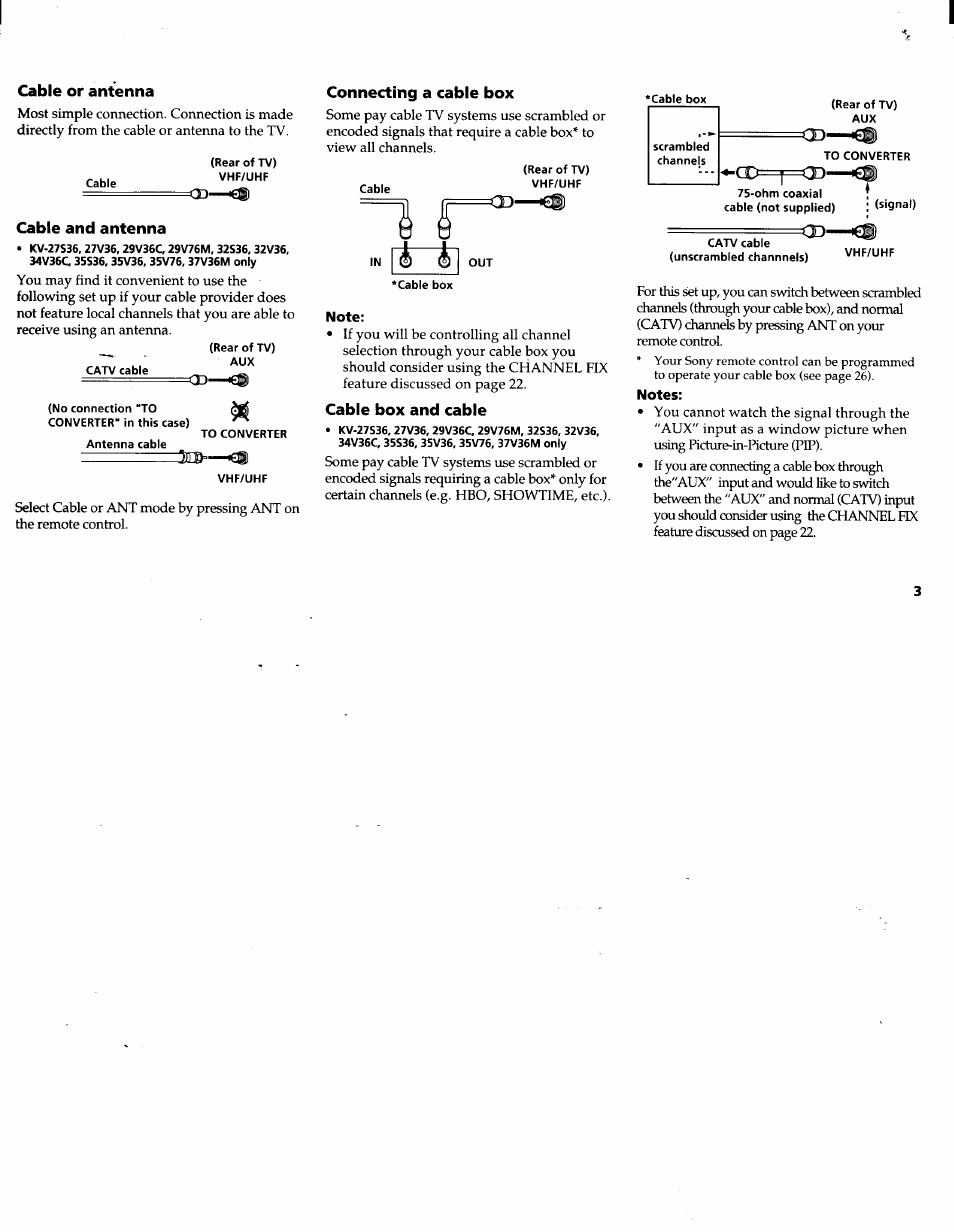 Cable or antenna, Cable and antenna, Connecting a cable box | Cable box and cable | Sony KV-32V26 User Manual | Page 7 / 36