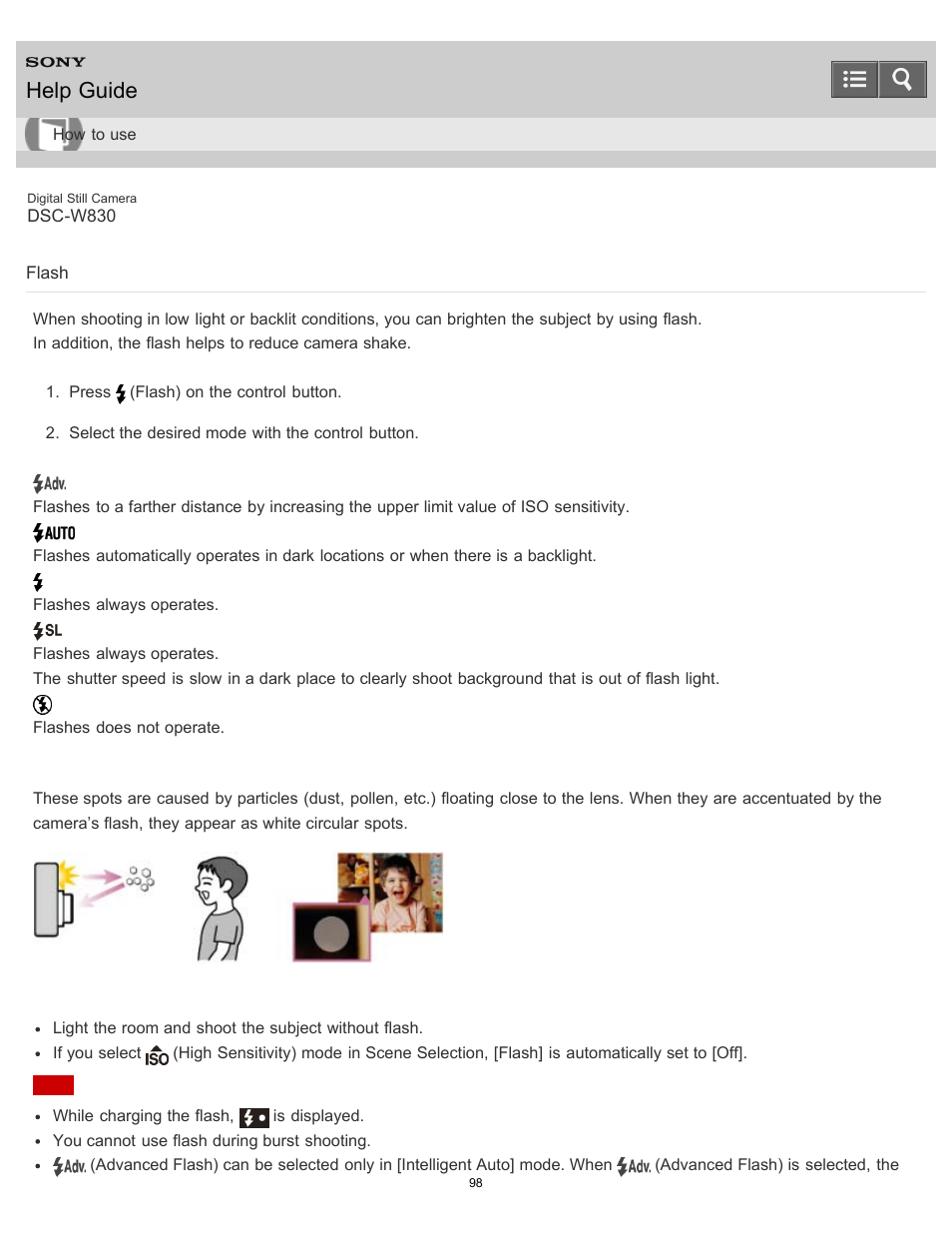 Flash, Help guide | Sony DSC-W830 User Manual | Page 101 / 254