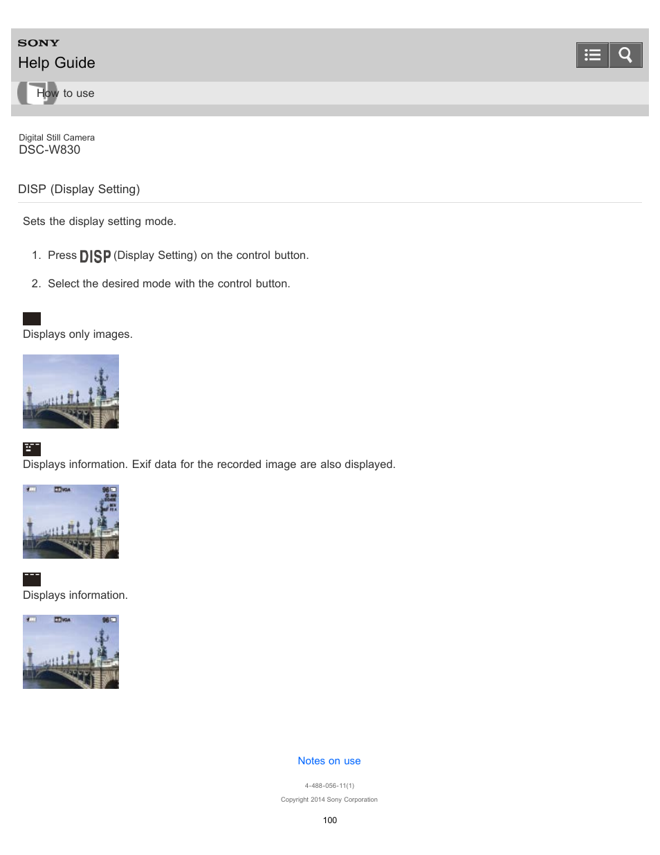 Disp (display setting), Help guide | Sony DSC-W830 User Manual | Page 103 / 254