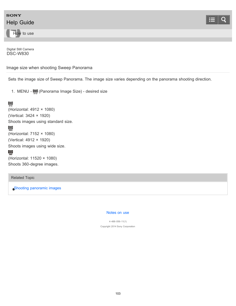 Image size when shooting sweep panorama, Help guide | Sony DSC-W830 User Manual | Page 105 / 254