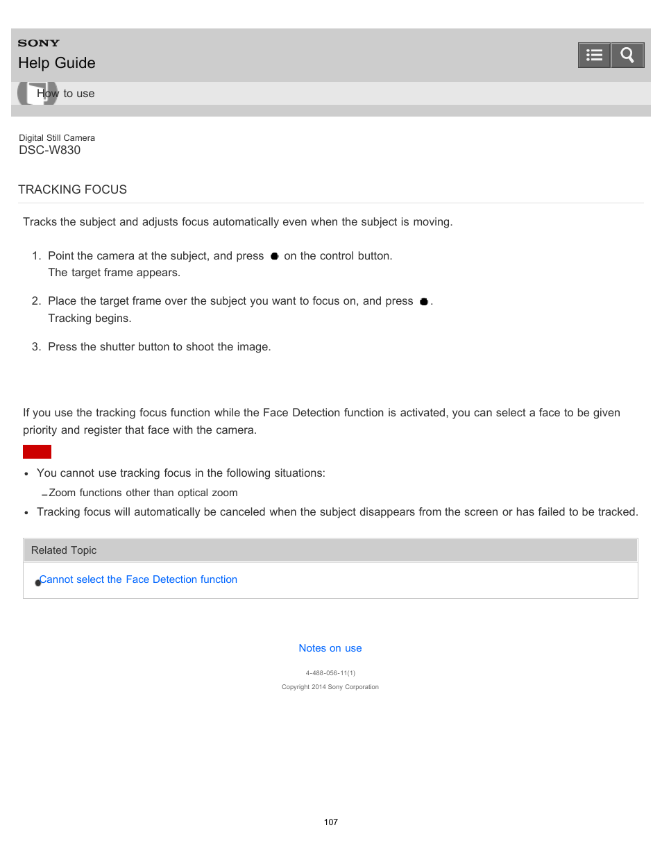 Tracking focus, Help guide | Sony DSC-W830 User Manual | Page 109 / 254