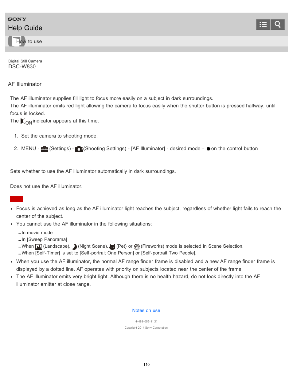 Af illuminator, Help guide | Sony DSC-W830 User Manual | Page 112 / 254