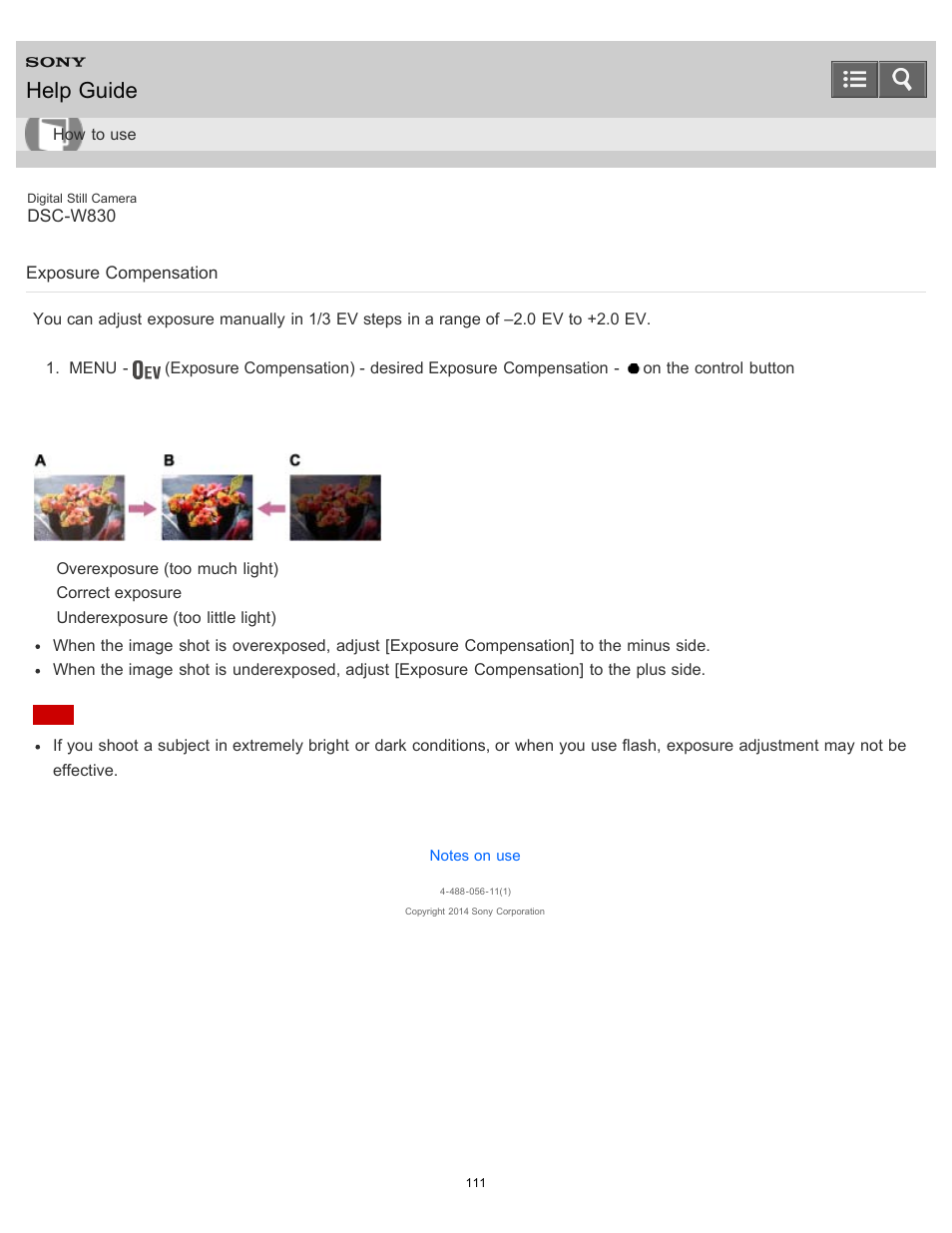 Exposure compensation, Help guide | Sony DSC-W830 User Manual | Page 113 / 254