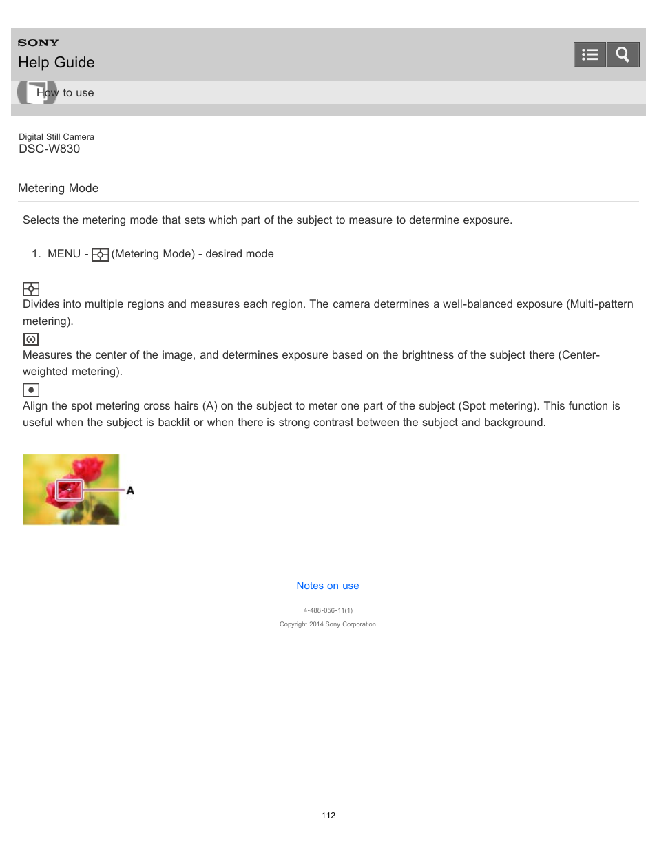 Metering mode, Help guide | Sony DSC-W830 User Manual | Page 114 / 254