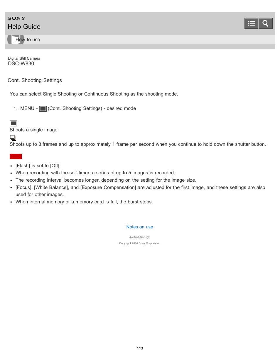 Cont. shooting settings, Help guide | Sony DSC-W830 User Manual | Page 115 / 254