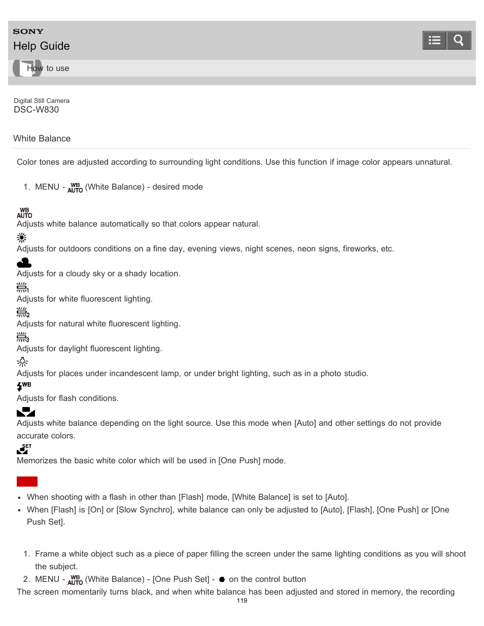 White balance, Help guide | Sony DSC-W830 User Manual | Page 120 / 254