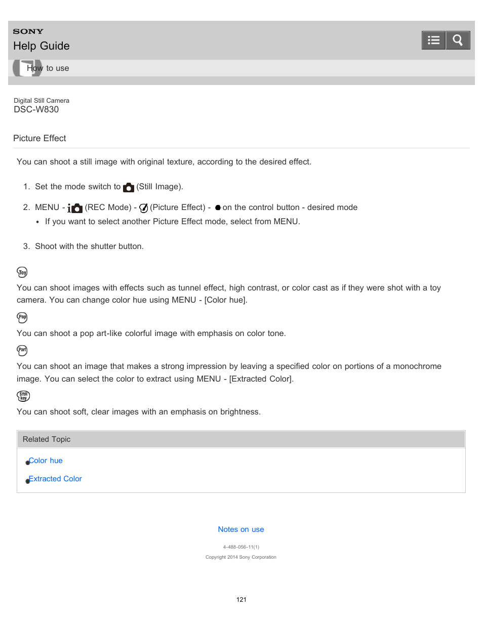 Picture effect, Help guide | Sony DSC-W830 User Manual | Page 122 / 254