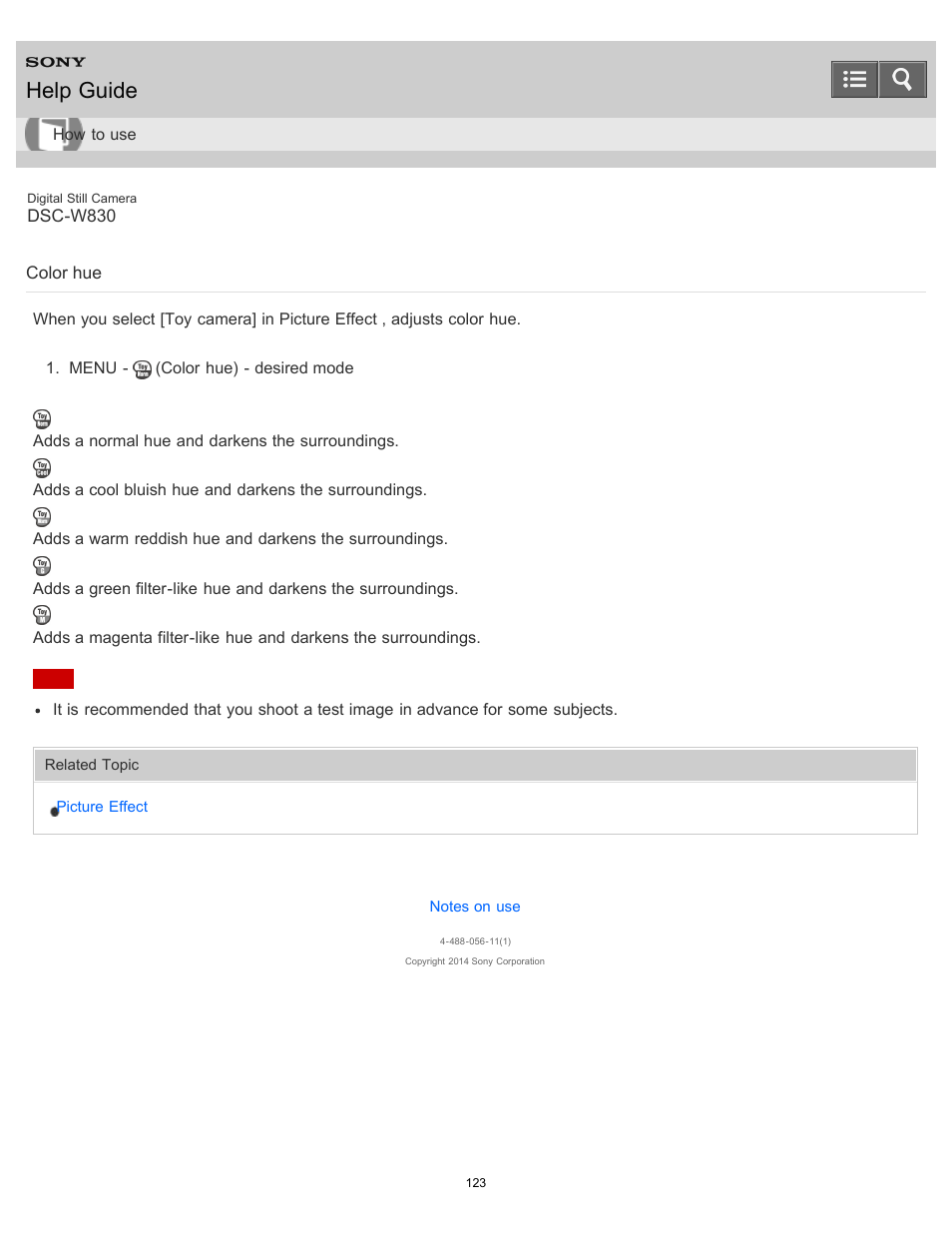 Color hue, Help guide | Sony DSC-W830 User Manual | Page 123 / 254
