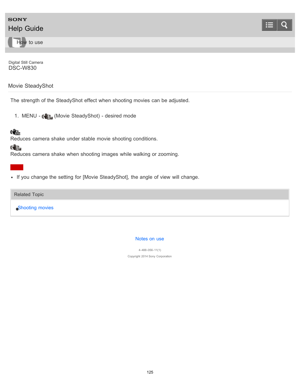 Movie steadyshot, Help guide | Sony DSC-W830 User Manual | Page 125 / 254