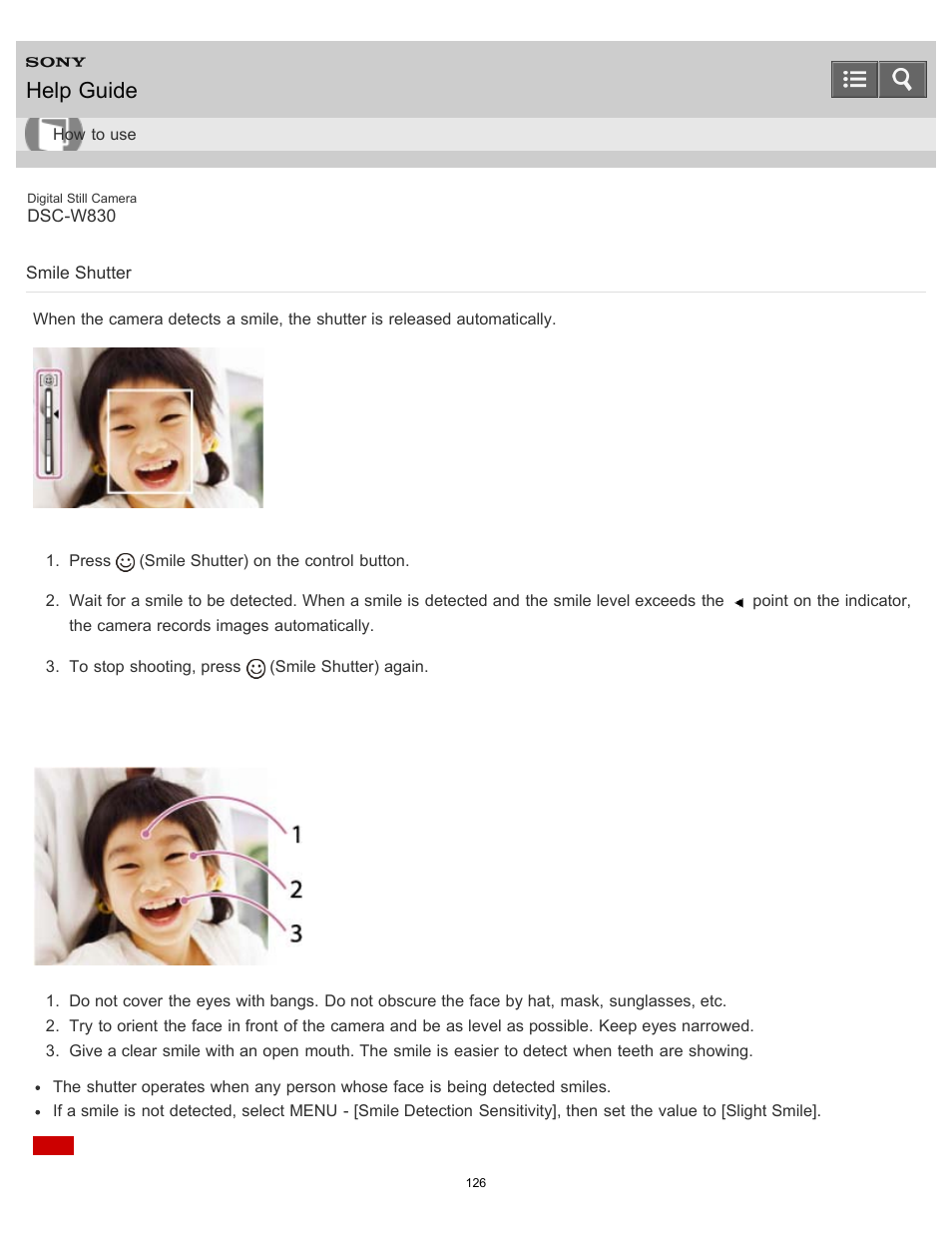 Smile shutter, Help guide | Sony DSC-W830 User Manual | Page 126 / 254