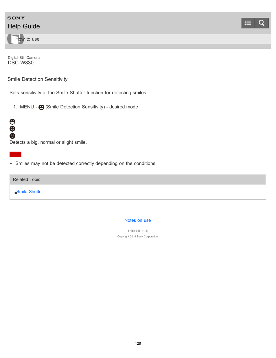 Smile detection sensitivity, Help guide | Sony DSC-W830 User Manual | Page 128 / 254
