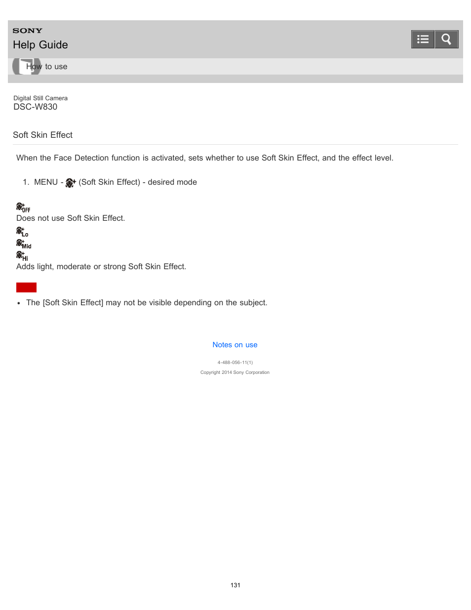 Soft skin effect, Help guide | Sony DSC-W830 User Manual | Page 130 / 254