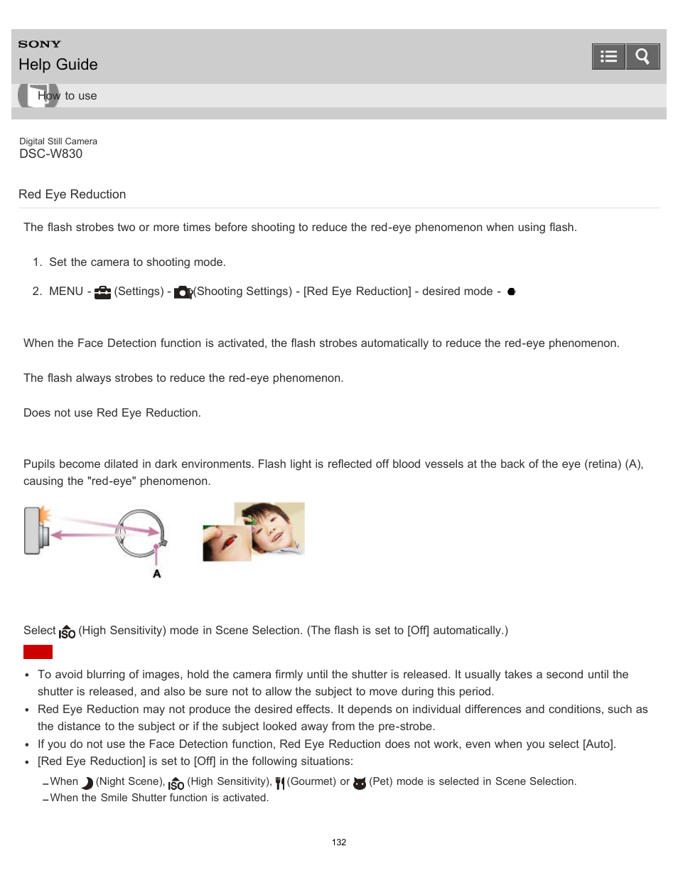 Red eye reduction, Help guide | Sony DSC-W830 User Manual | Page 131 / 254