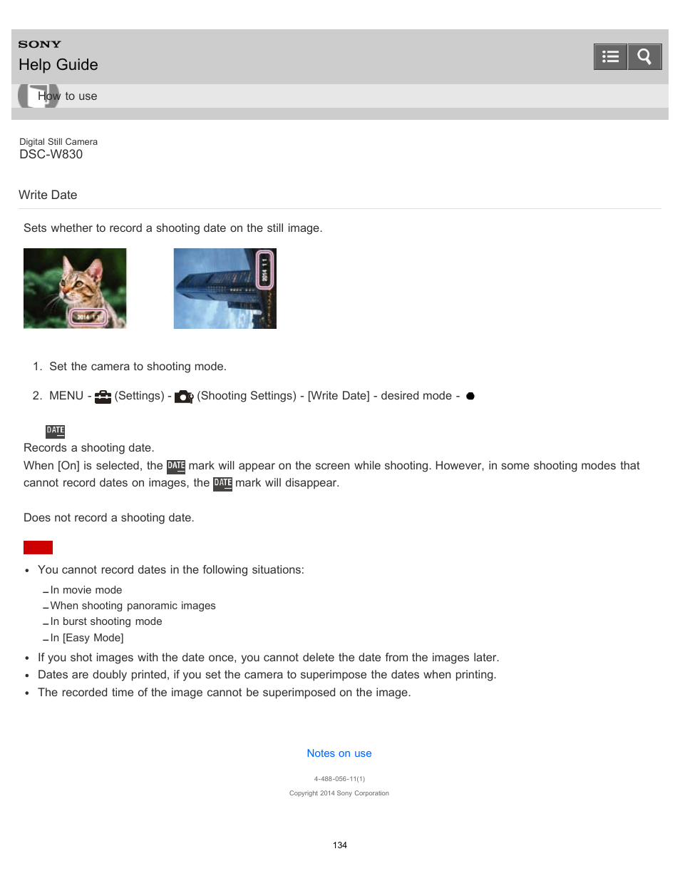 Write date, Help guide | Sony DSC-W830 User Manual | Page 132 / 254