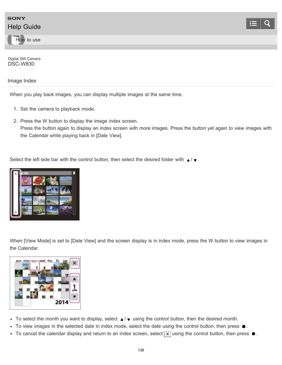 Image index, Help guide | Sony DSC-W830 User Manual | Page 136 / 254