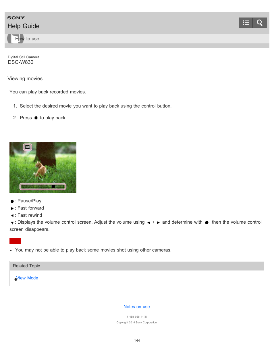 Viewing movies, Help guide | Sony DSC-W830 User Manual | Page 139 / 254