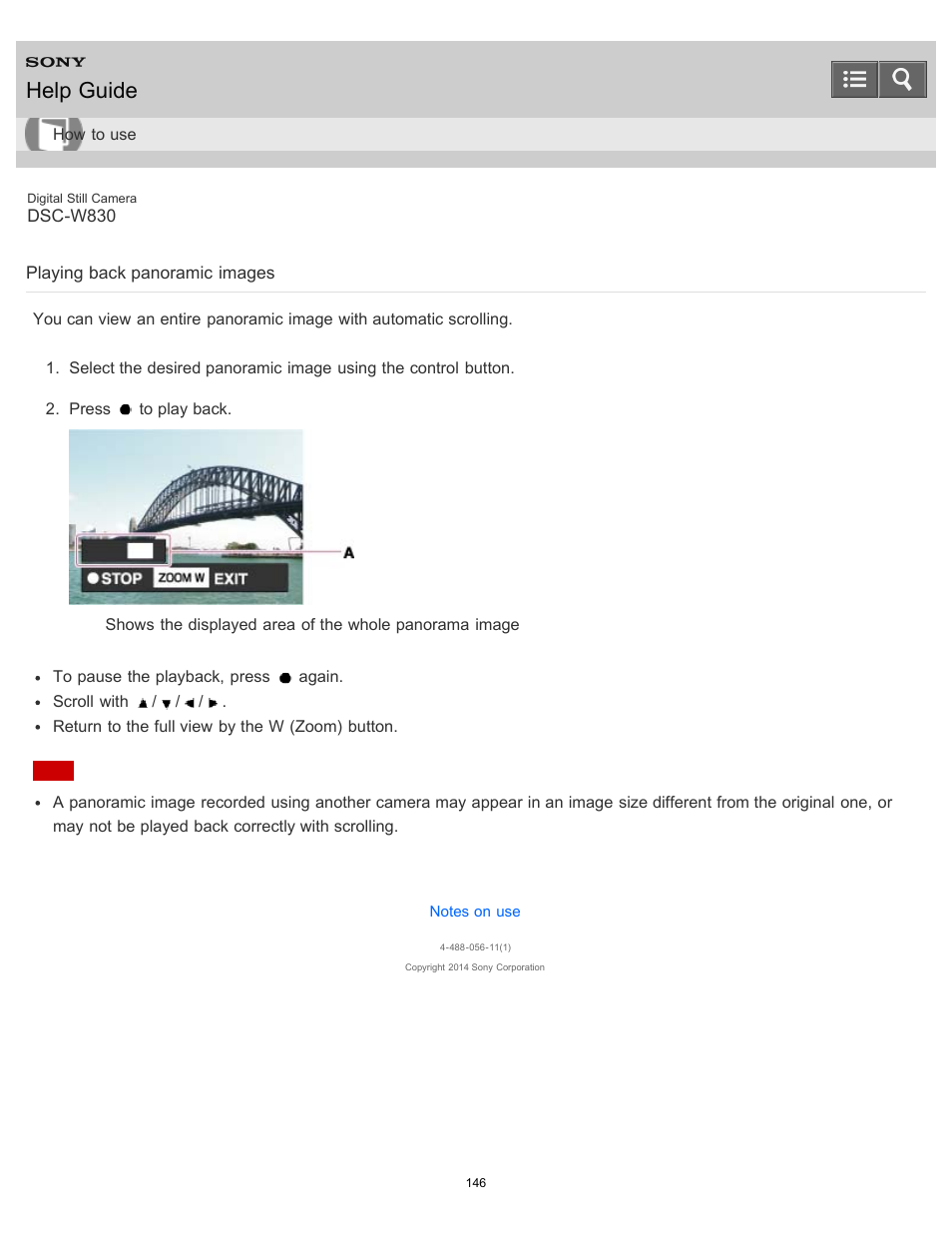 Playing back panoramic images, Help guide | Sony DSC-W830 User Manual | Page 140 / 254