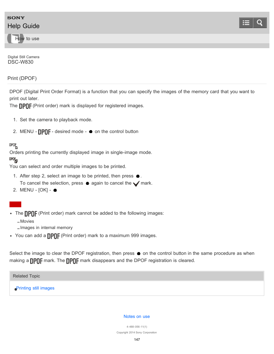 Print (dpof), Help guide | Sony DSC-W830 User Manual | Page 141 / 254