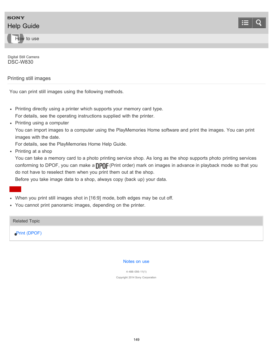 Printing still images, Help guide | Sony DSC-W830 User Manual | Page 142 / 254
