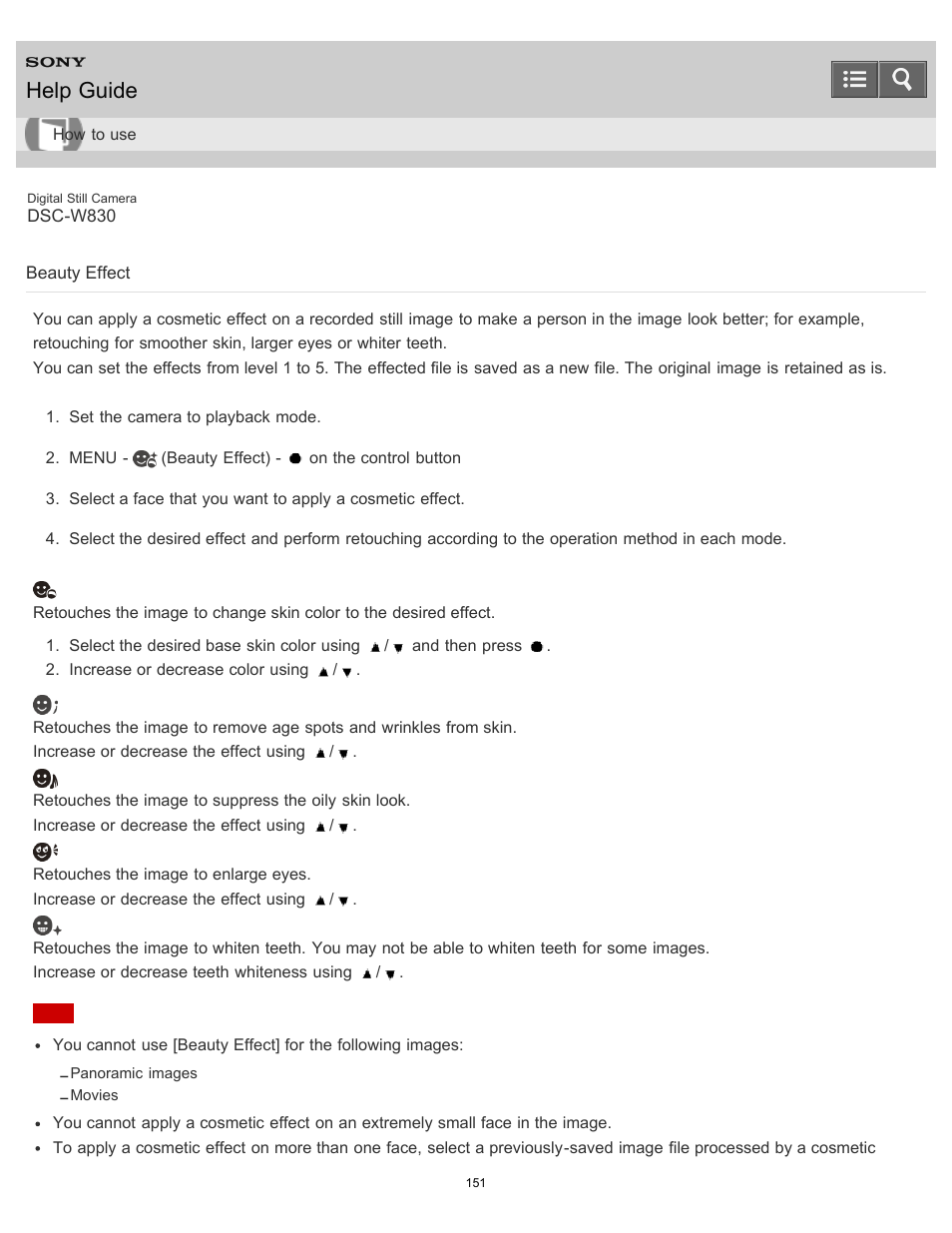 Beauty effect, Help guide | Sony DSC-W830 User Manual | Page 144 / 254