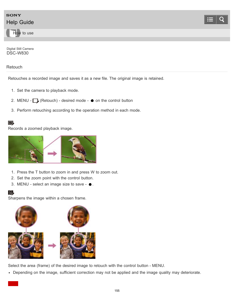 Retouch, Help guide | Sony DSC-W830 User Manual | Page 148 / 254