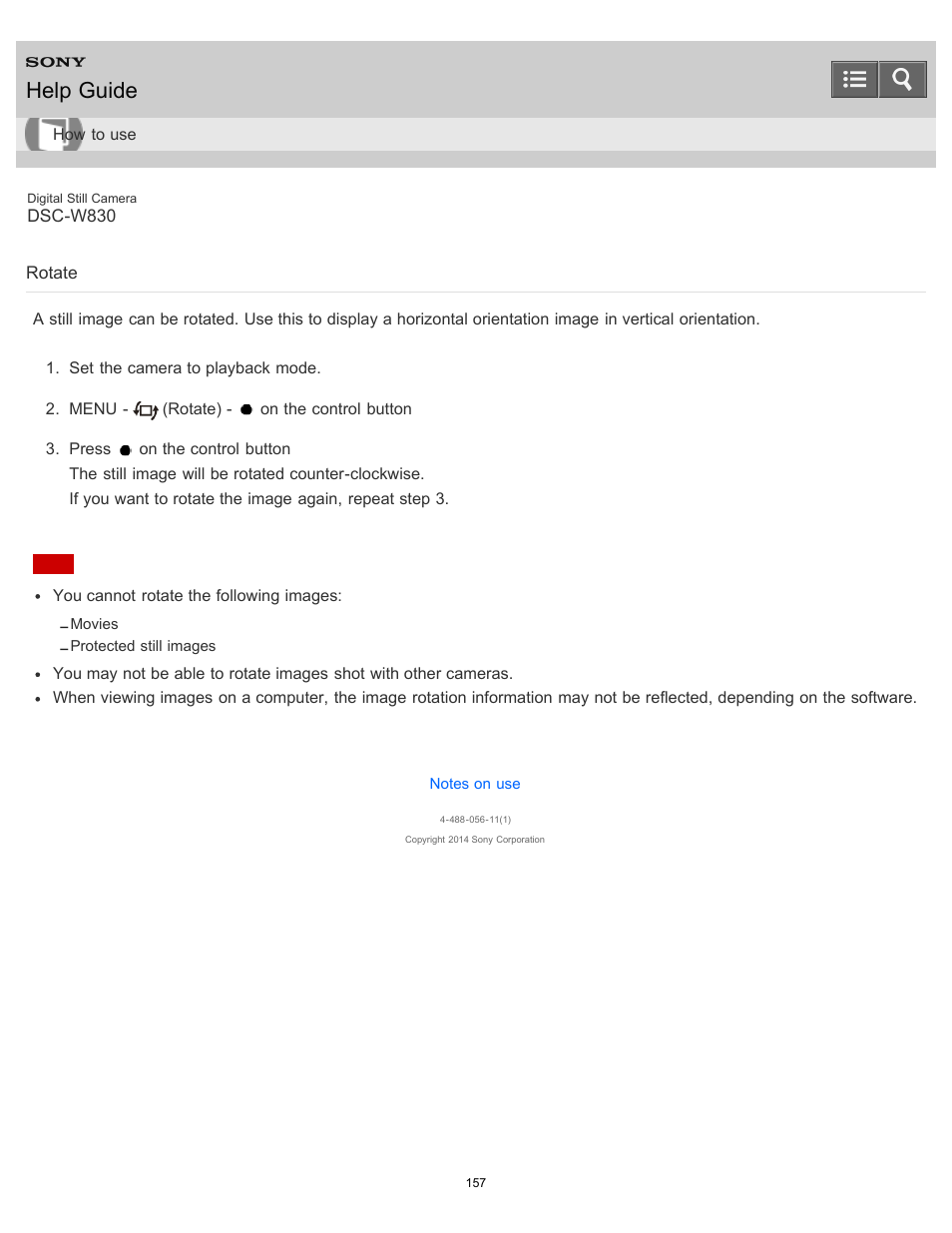 Rotate, Help guide | Sony DSC-W830 User Manual | Page 150 / 254