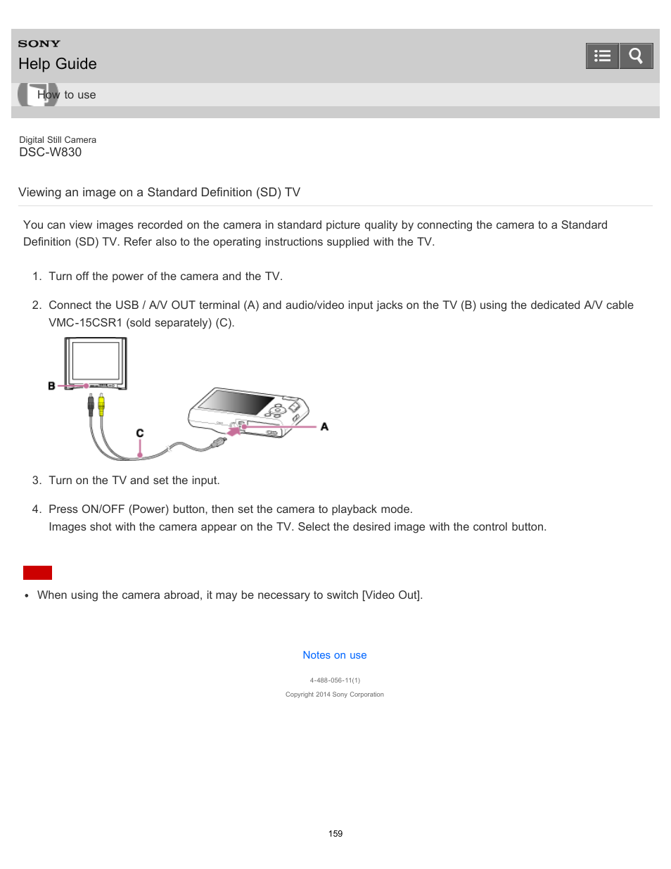 Viewing an image on a standard definition (sd) tv, Help guide | Sony DSC-W830 User Manual | Page 152 / 254