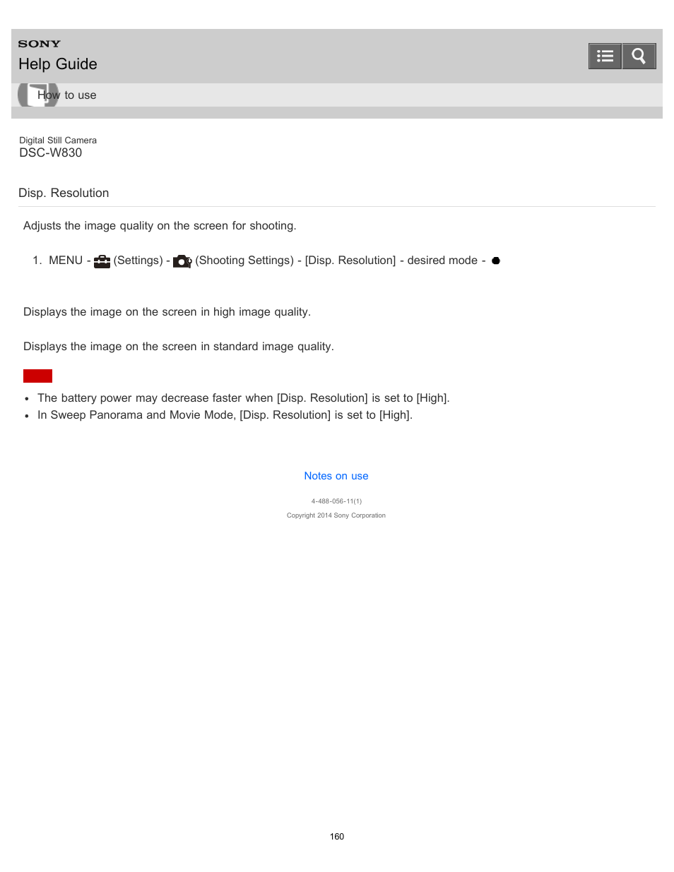 Disp. resolution, Help guide | Sony DSC-W830 User Manual | Page 153 / 254