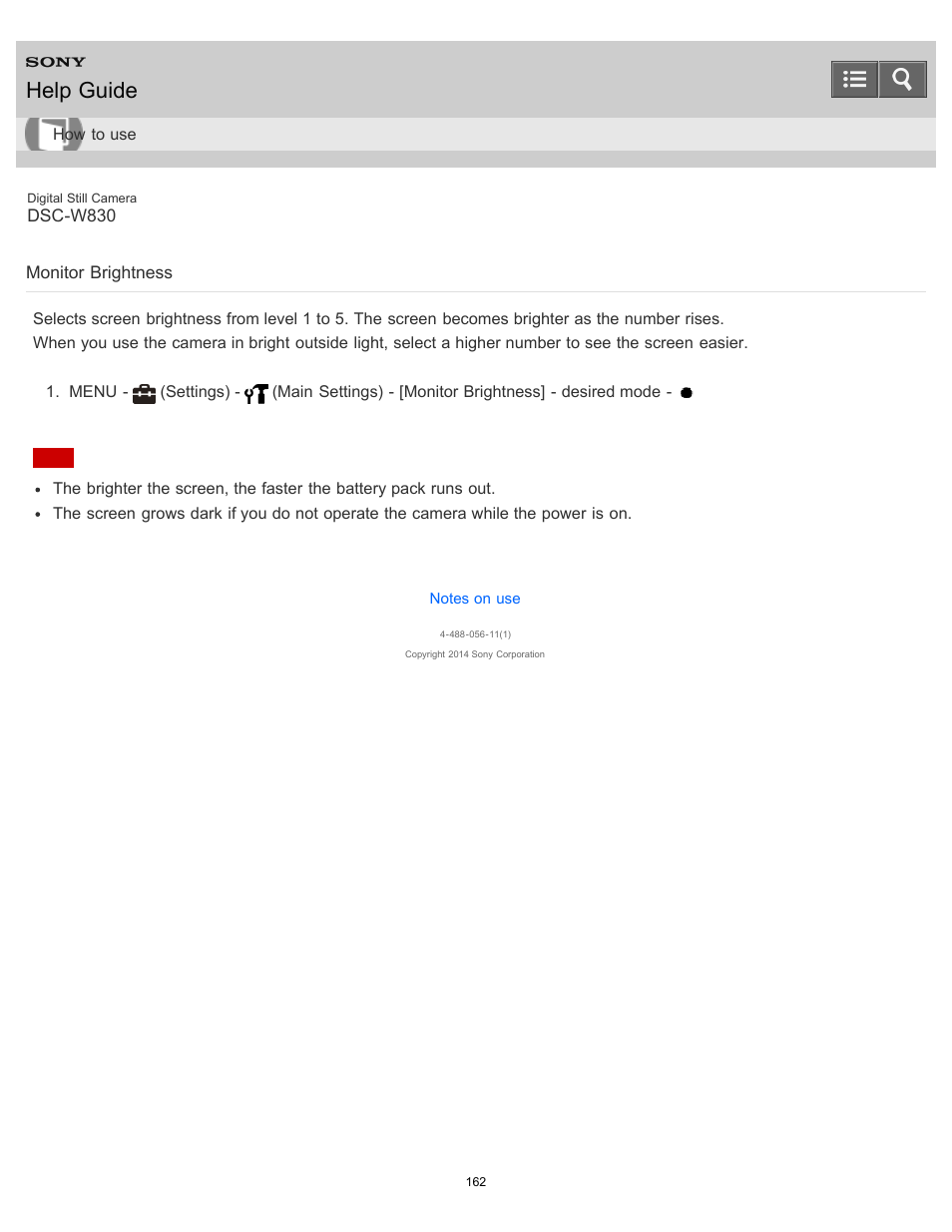 Monitor brightness, Help guide | Sony DSC-W830 User Manual | Page 155 / 254