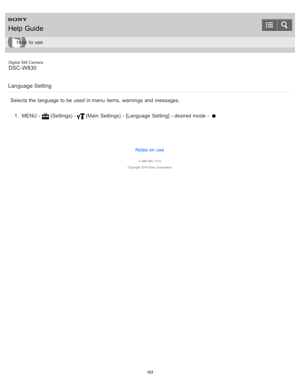Language setting, Help guide | Sony DSC-W830 User Manual | Page 156 / 254