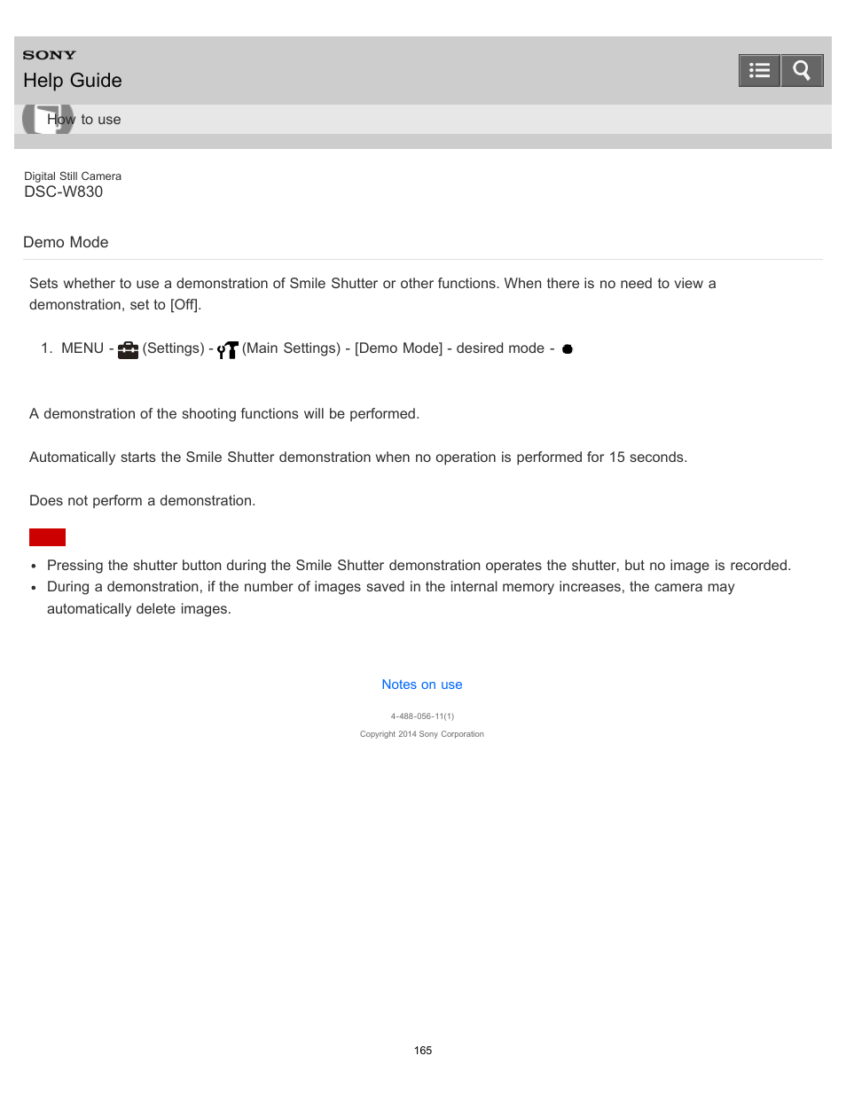 Demo mode, Help guide | Sony DSC-W830 User Manual | Page 158 / 254