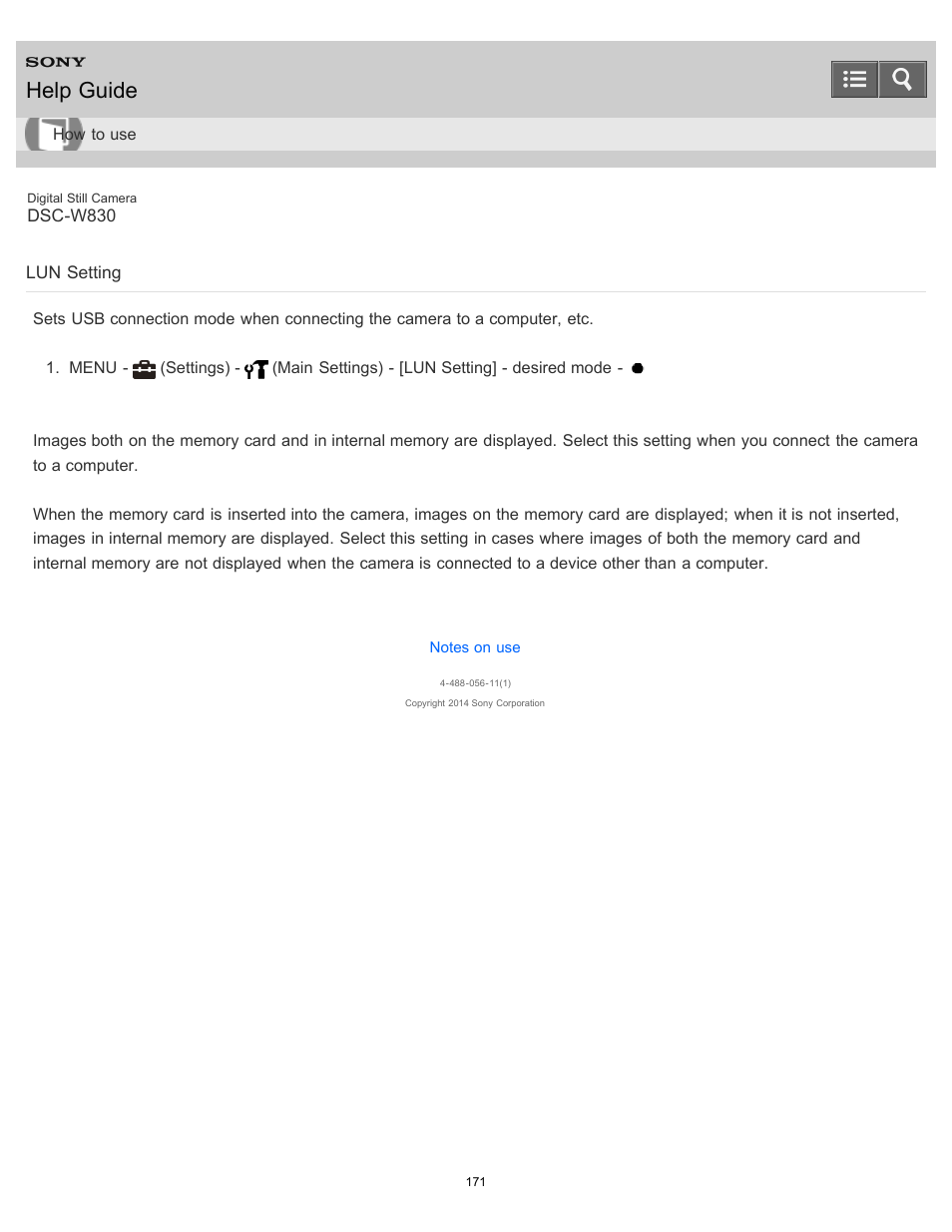 Lun setting, Help guide | Sony DSC-W830 User Manual | Page 164 / 254