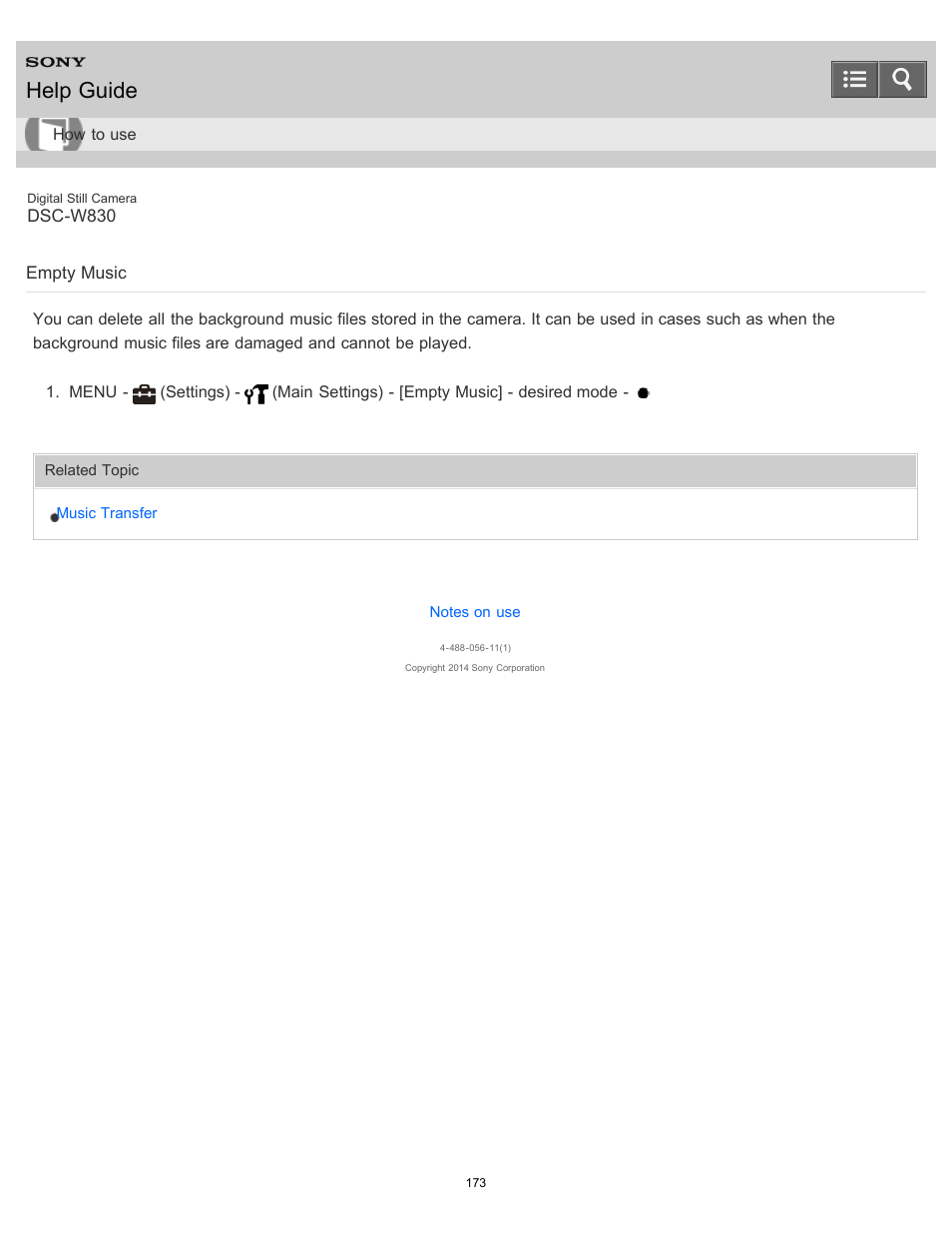 Empty music, Help guide | Sony DSC-W830 User Manual | Page 166 / 254