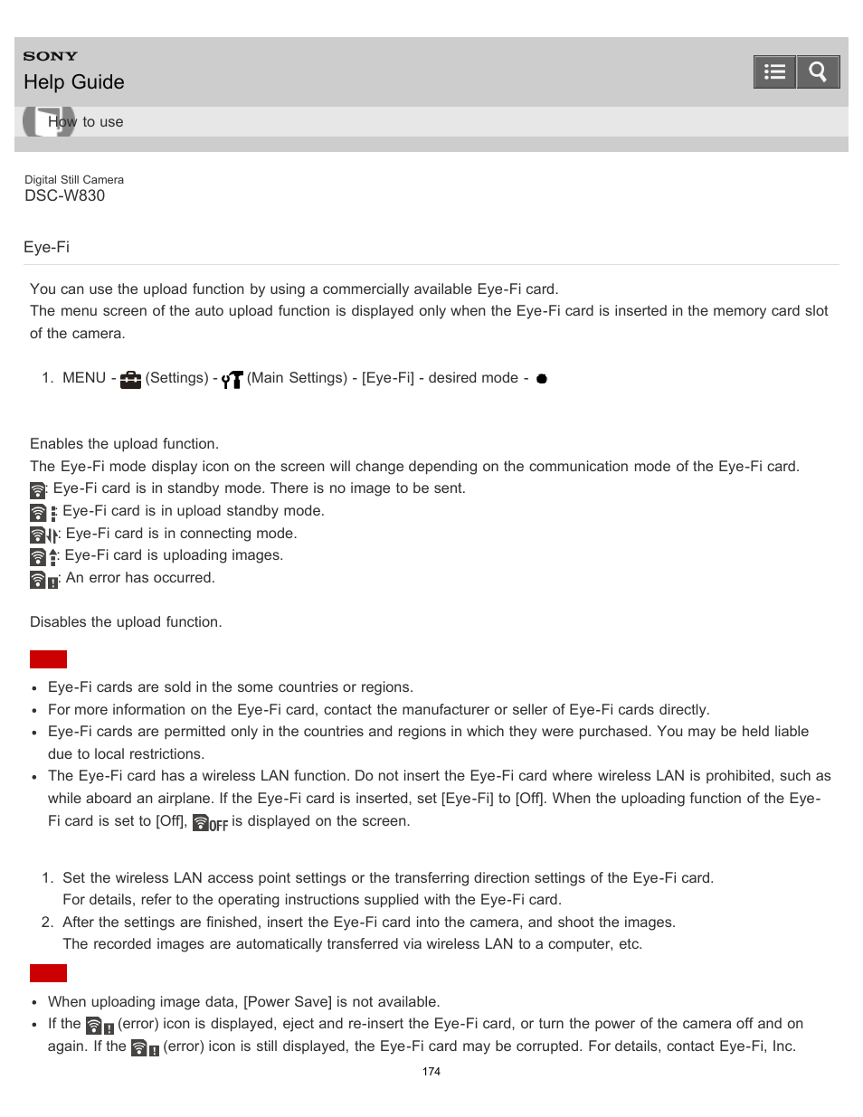 Eye-fi, Help guide | Sony DSC-W830 User Manual | Page 167 / 254
