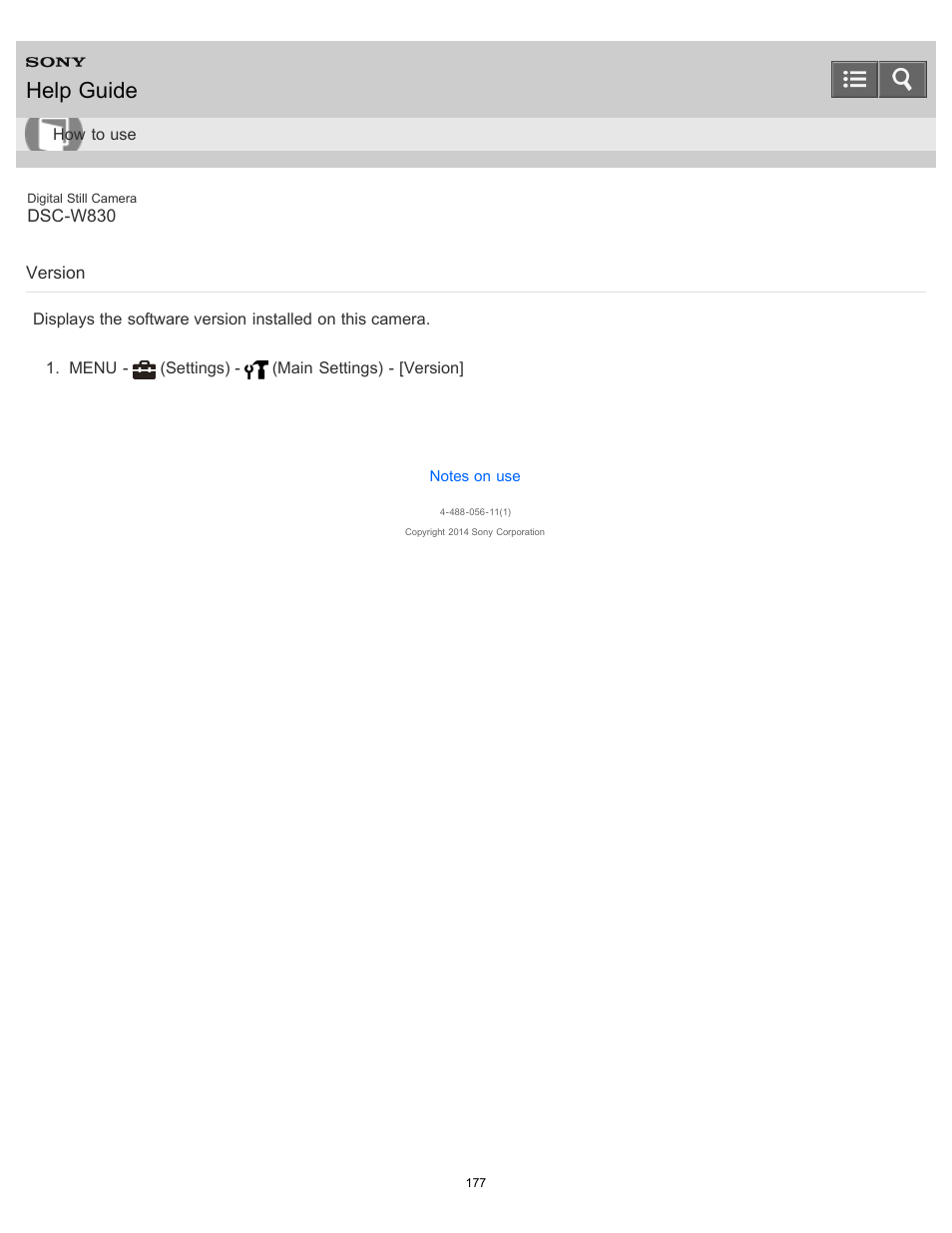 Version, Help guide | Sony DSC-W830 User Manual | Page 170 / 254