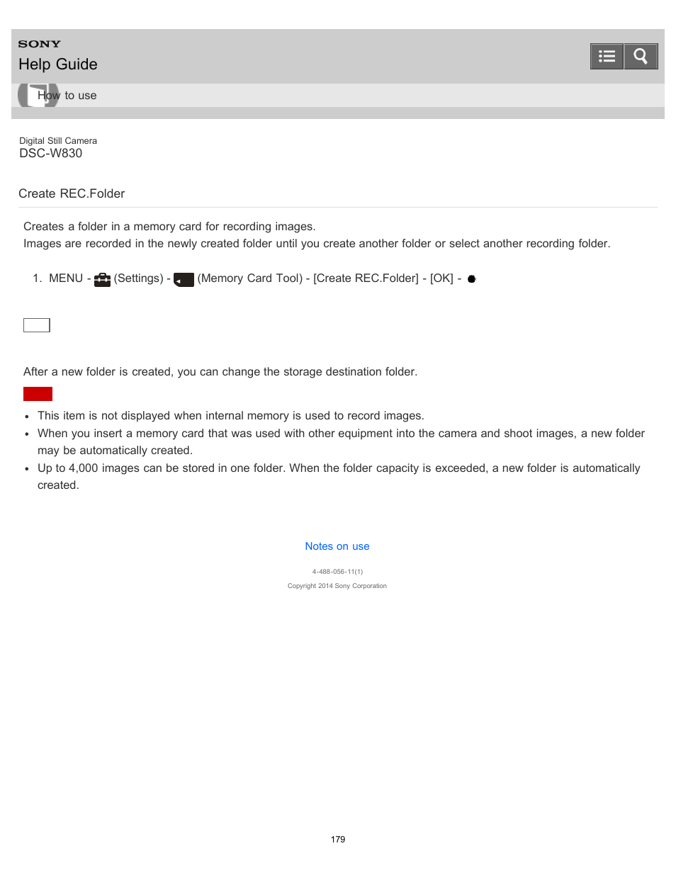 Create rec.folder, Help guide | Sony DSC-W830 User Manual | Page 172 / 254