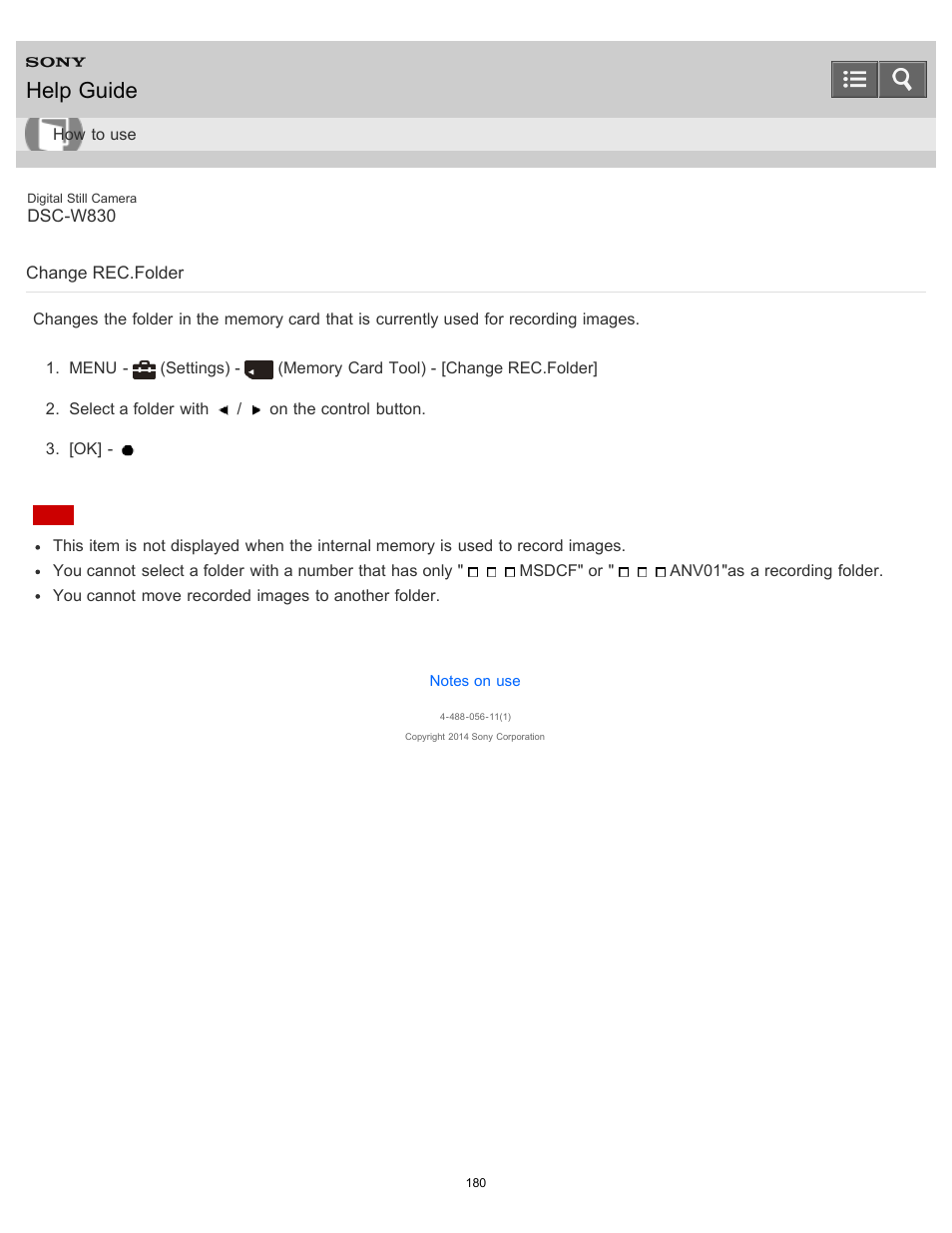 Change rec.folder, Help guide | Sony DSC-W830 User Manual | Page 173 / 254