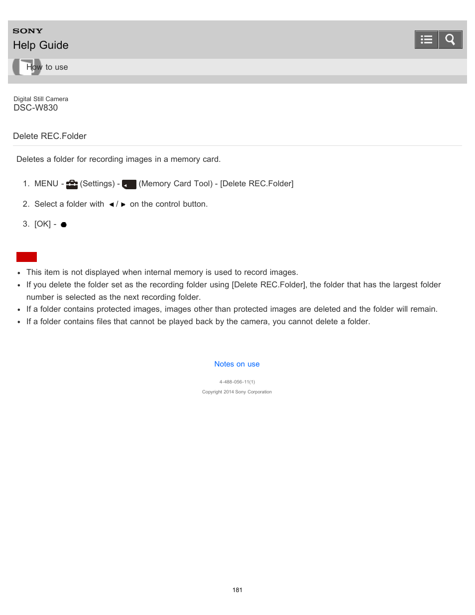 Delete rec.folder, Help guide | Sony DSC-W830 User Manual | Page 174 / 254