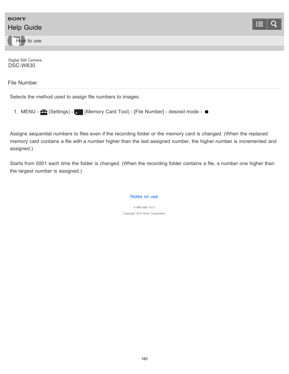 File number, Help guide | Sony DSC-W830 User Manual | Page 176 / 254
